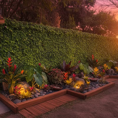 Cubre la pared con enredadera moneda, coloca plant... - Cubre la pared con enredadera moneda, coloca plantas de colores, decoración de madera, piedras y roc... Diseño de jardín tropical: Cubre la pared con enredadera moneda, coloca plant...